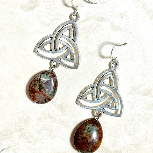 2/$20, Genuine Earthy Brecciated Jasper Triqueta Sterling Silver Dangle Earrings - Picture 2 of 9